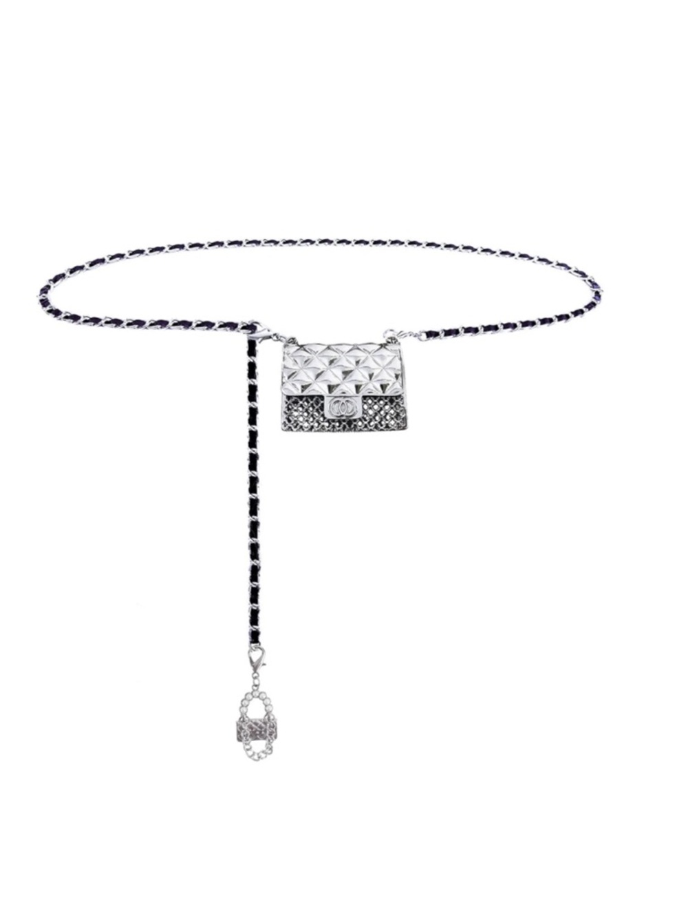 Silver Quilted Bag Charm Belt with Black Leather Weave
